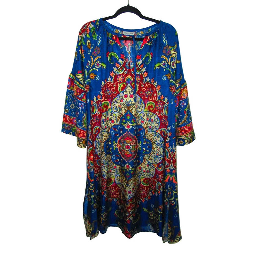 D'­ASCOLI Dress Caftan Medium Blue Red Silk Bell Sleeve Midi‎